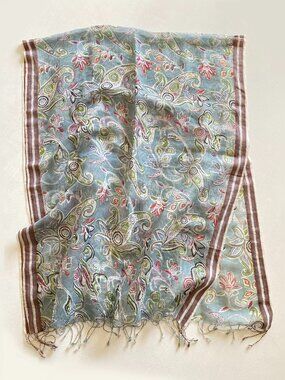 Silk Cotton Pastel Floral Large Rectangle Scarf Wrap Floral Fringed 70"x27"